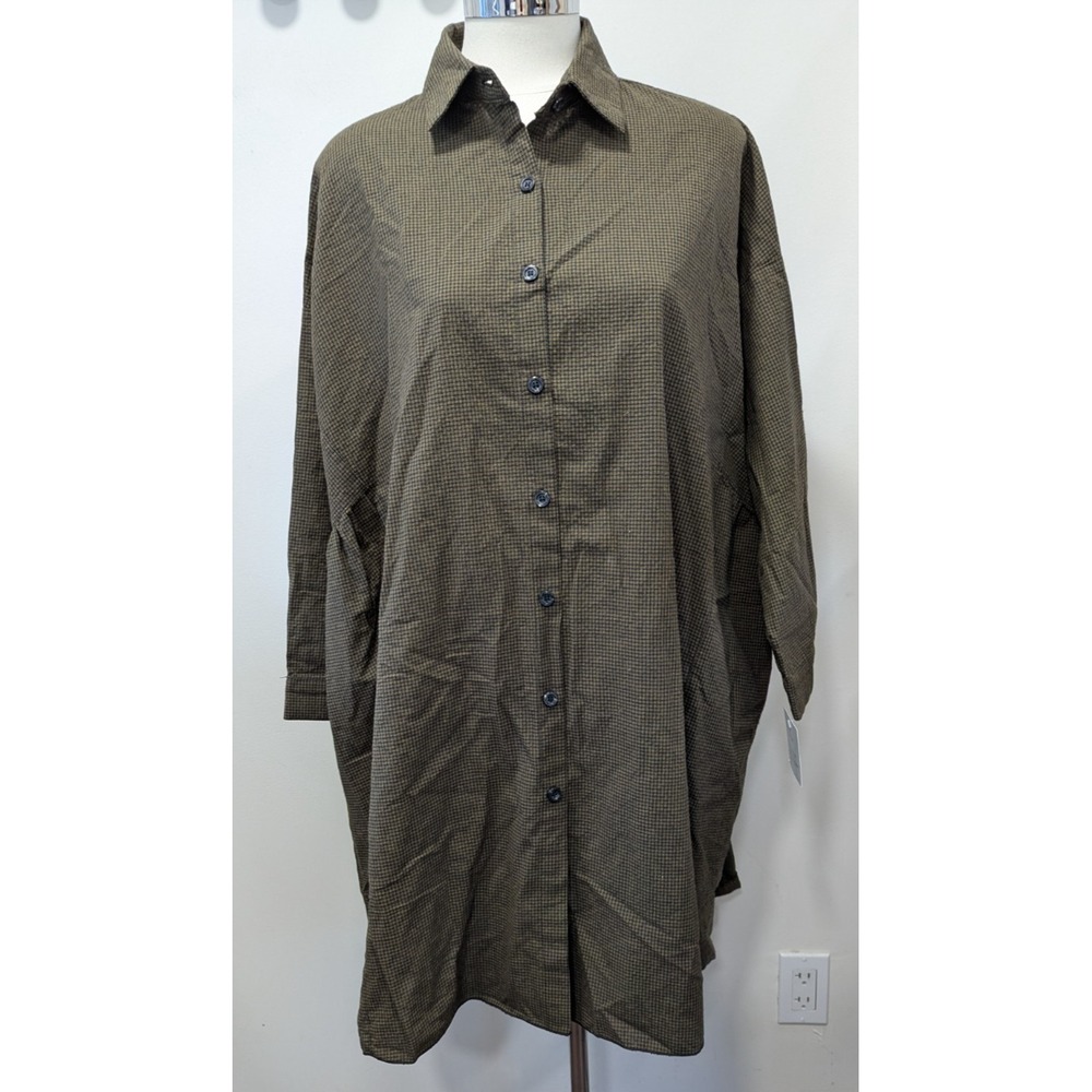 3‎ Potato Button Dress Shirt Brown Pockets S/M Oversized Lagenlook  NWT